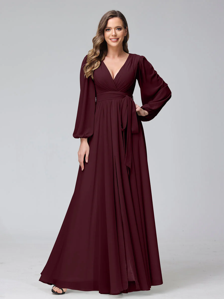 A-Line V-Neck Long Sleeves Chiffon Long Bridesmaid Dresses With Ruffles Split Side - Image 10