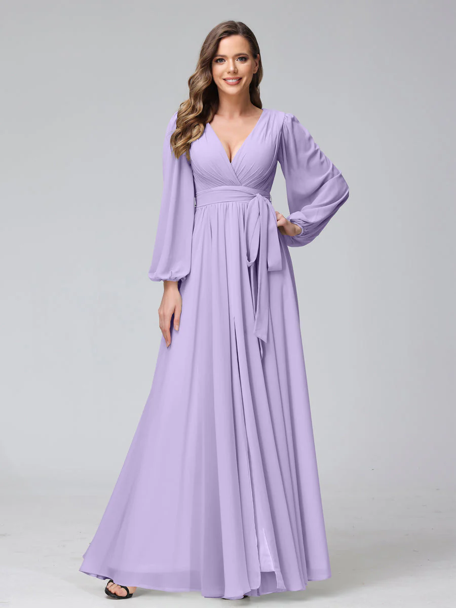A-Line V-Neck Long Sleeves Chiffon Long Bridesmaid Dresses With Ruffles Split Side - Image 12