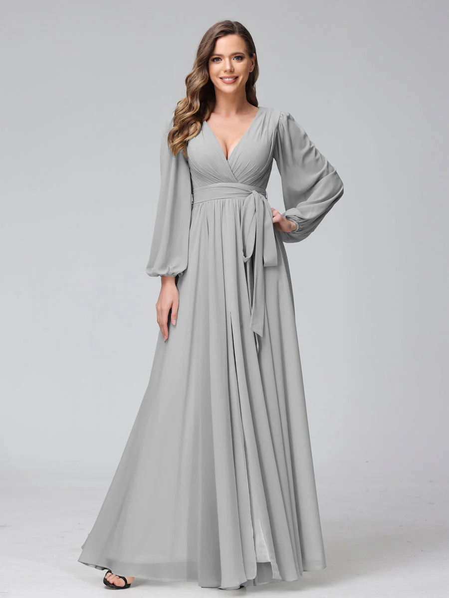 A-Line V-Neck Long Sleeves Chiffon Long Bridesmaid Dresses With Ruffles Split Side - Image 20