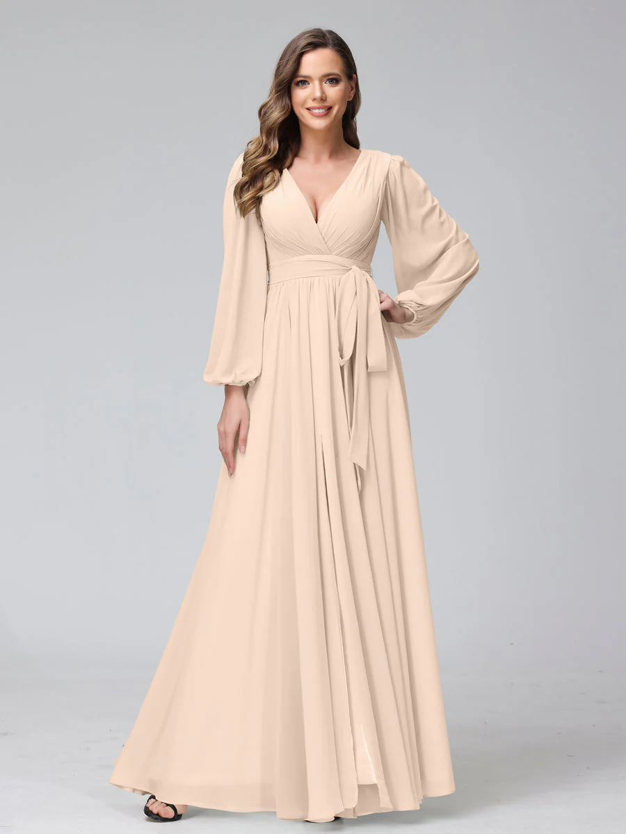 A-Line V-Neck Long Sleeves Chiffon Long Bridesmaid Dresses With Ruffles Split Side - Image 21