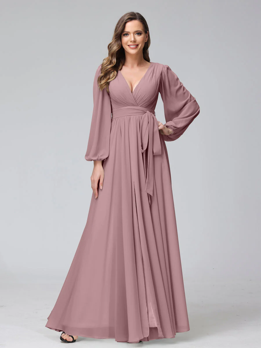 A-Line V-Neck Long Sleeves Chiffon Long Bridesmaid Dresses With Ruffles Split Side - Image 29