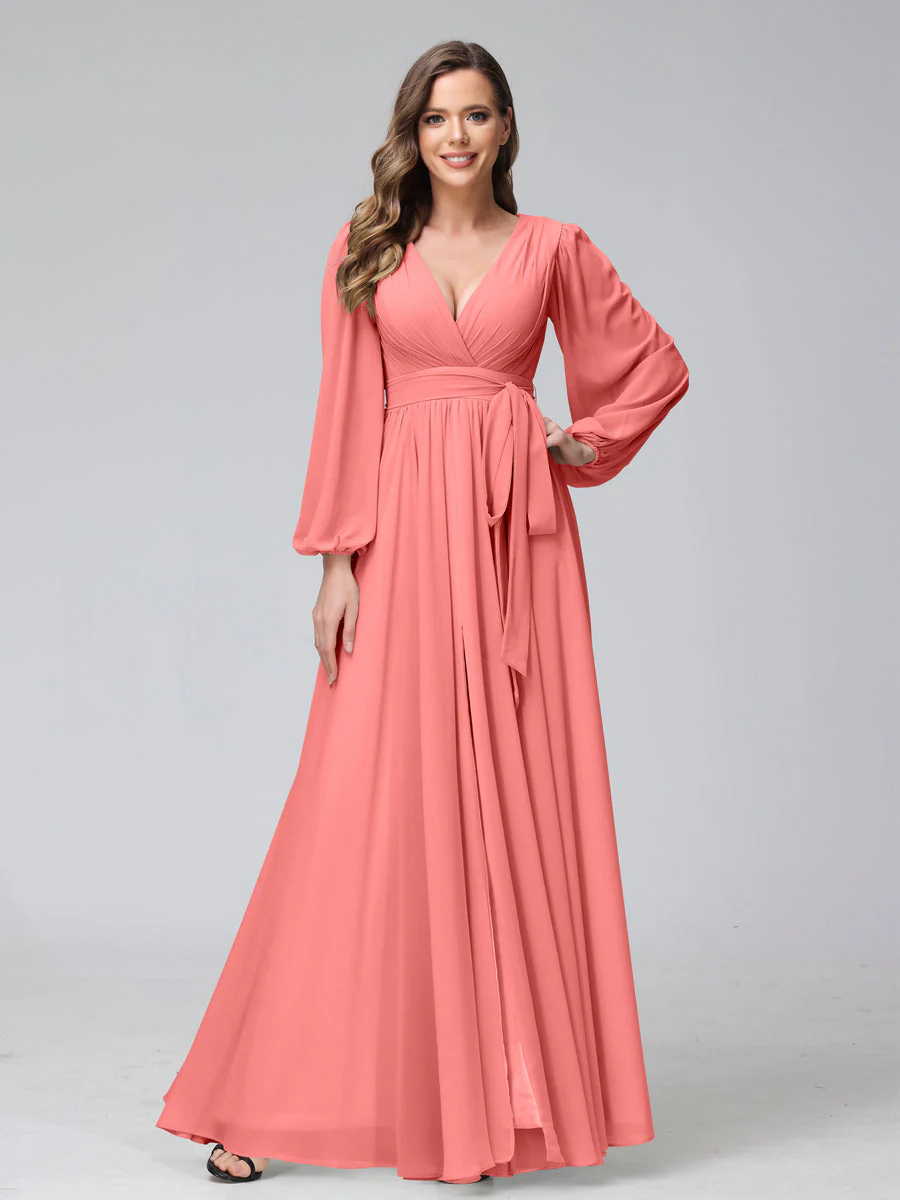 A-Line V-Neck Long Sleeves Chiffon Long Bridesmaid Dresses With Ruffles Split Side - Image 30