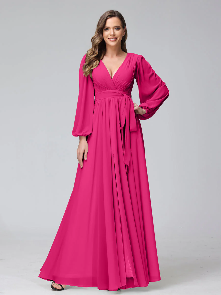 A-Line V-Neck Long Sleeves Chiffon Long Bridesmaid Dresses With Ruffles Split Side - Image 32