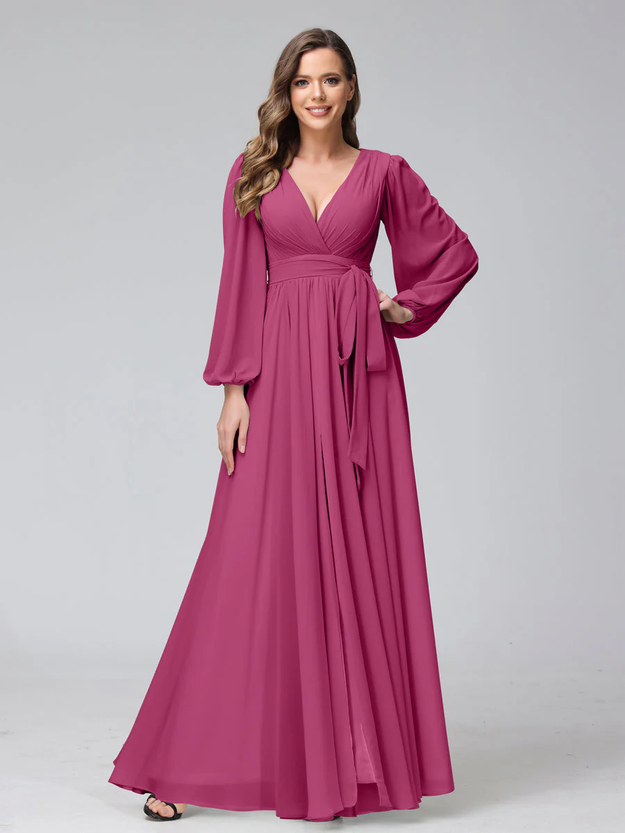 A-Line V-Neck Long Sleeves Chiffon Long Bridesmaid Dresses With Ruffles Split Side - Image 33