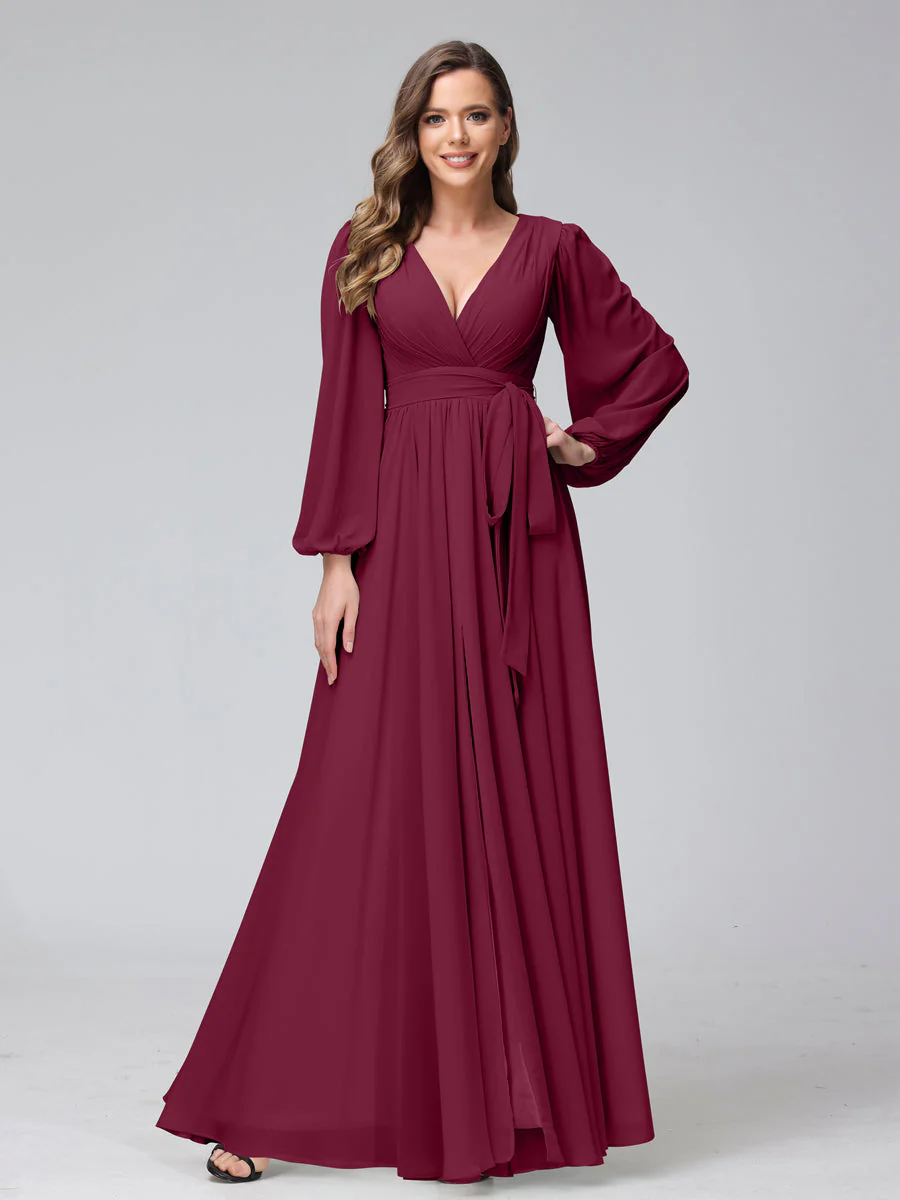 A-Line V-Neck Long Sleeves Chiffon Long Bridesmaid Dresses With Ruffles Split Side - Image 36