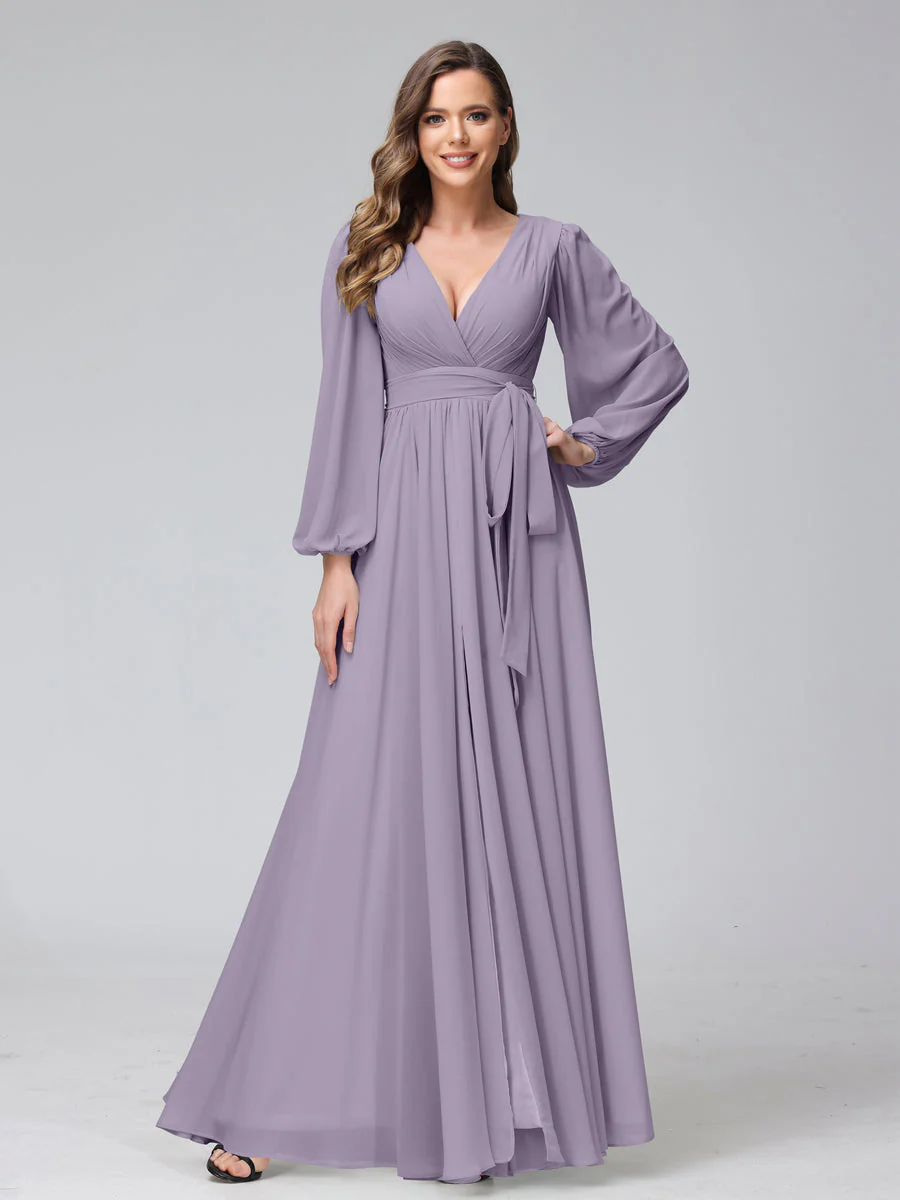 A-Line V-Neck Long Sleeves Chiffon Long Bridesmaid Dresses With Ruffles Split Side - Image 37