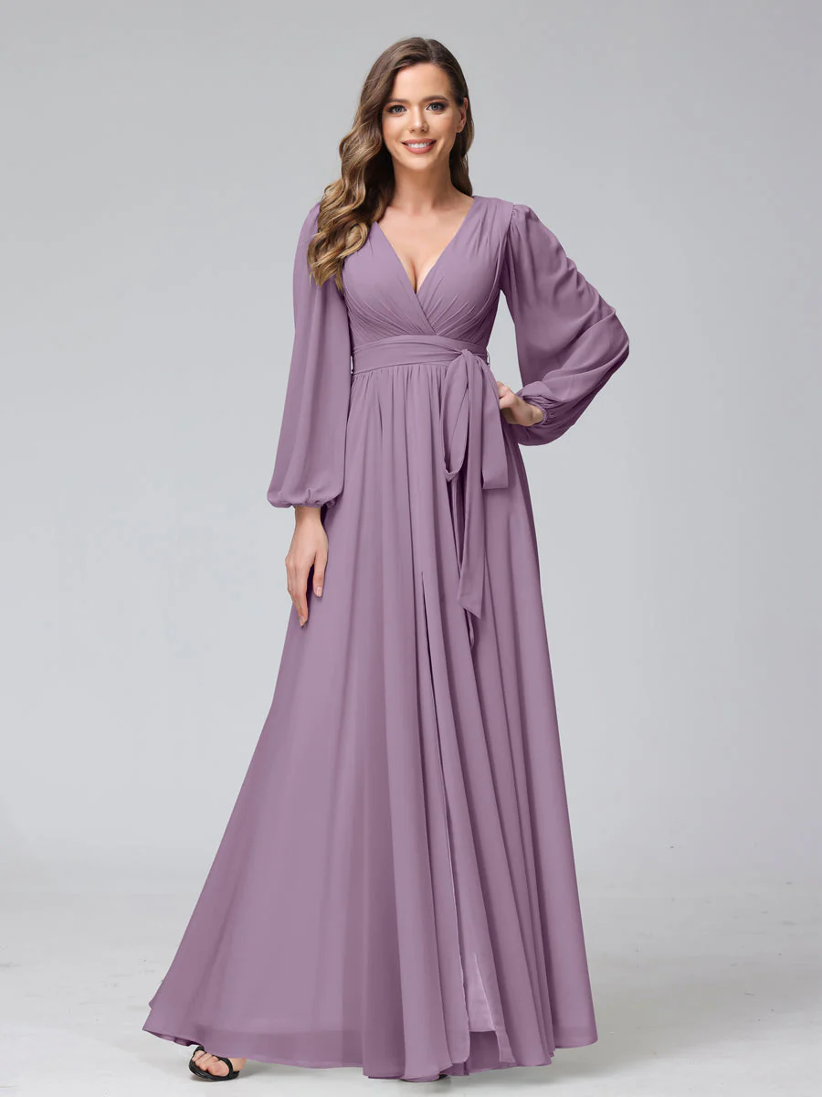 A-Line V-Neck Long Sleeves Chiffon Long Bridesmaid Dresses With Ruffles Split Side - Image 38