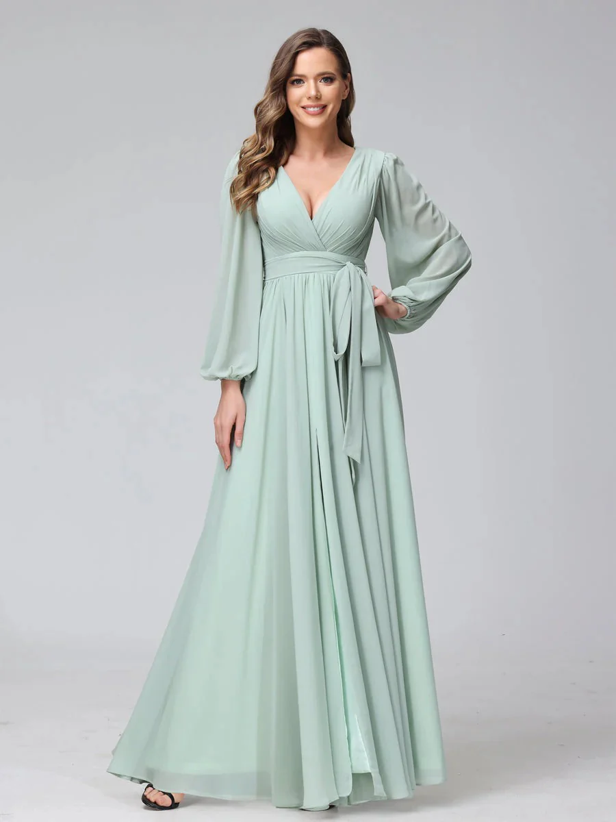 A-Line V-Neck Long Sleeves Chiffon Long Bridesmaid Dresses With Ruffles Split Side - Image 4