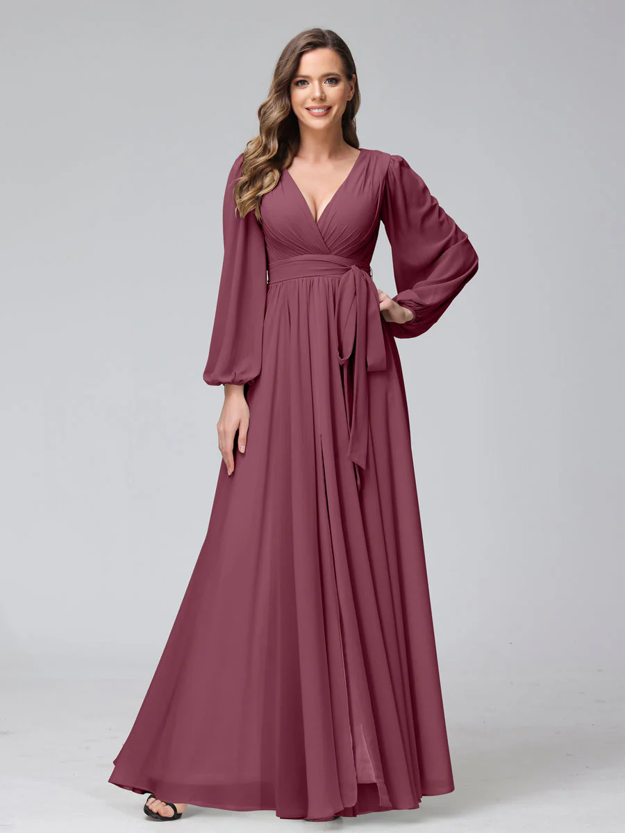 A-Line V-Neck Long Sleeves Chiffon Long Bridesmaid Dresses With Ruffles Split Side - Image 41