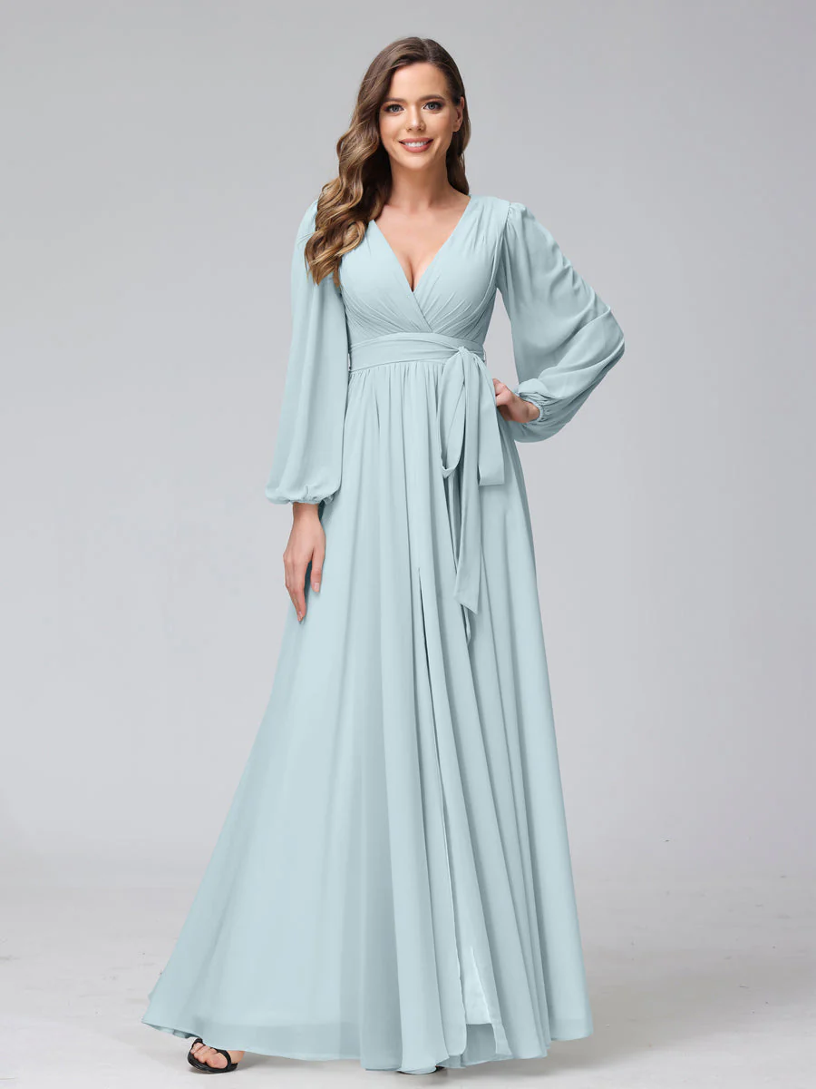A-Line V-Neck Long Sleeves Chiffon Long Bridesmaid Dresses With Ruffles Split Side - Image 45
