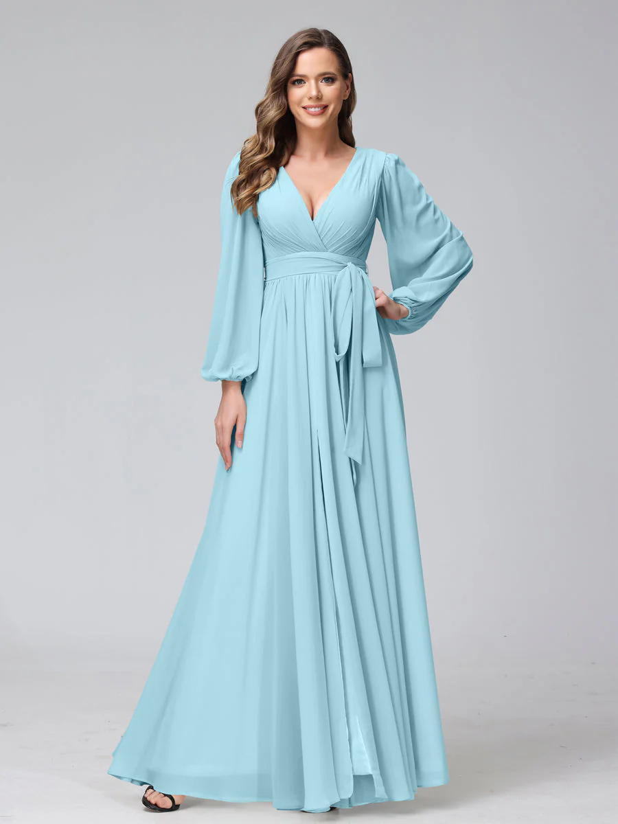 A-Line V-Neck Long Sleeves Chiffon Long Bridesmaid Dresses With Ruffles Split Side - Image 47