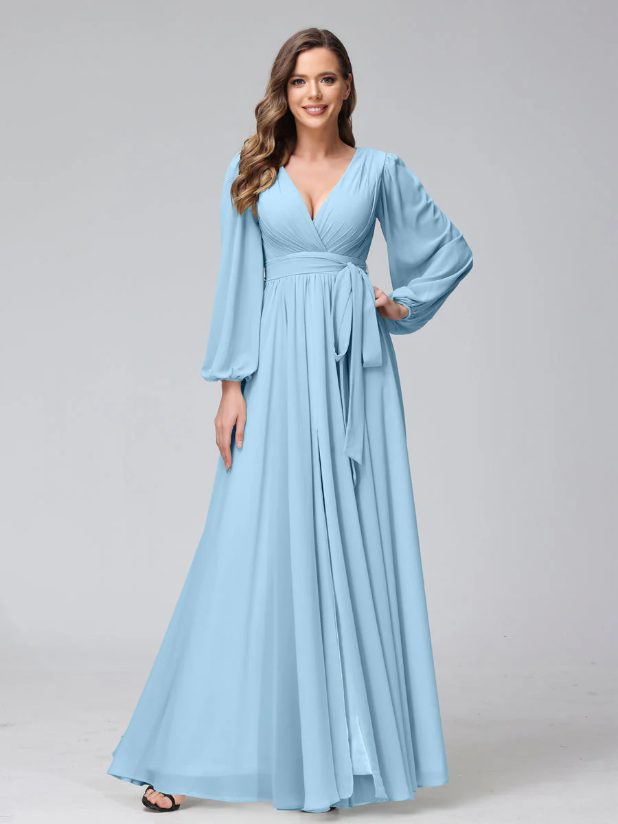 A-Line V-Neck Long Sleeves Chiffon Long Bridesmaid Dresses With Ruffles Split Side - Image 48