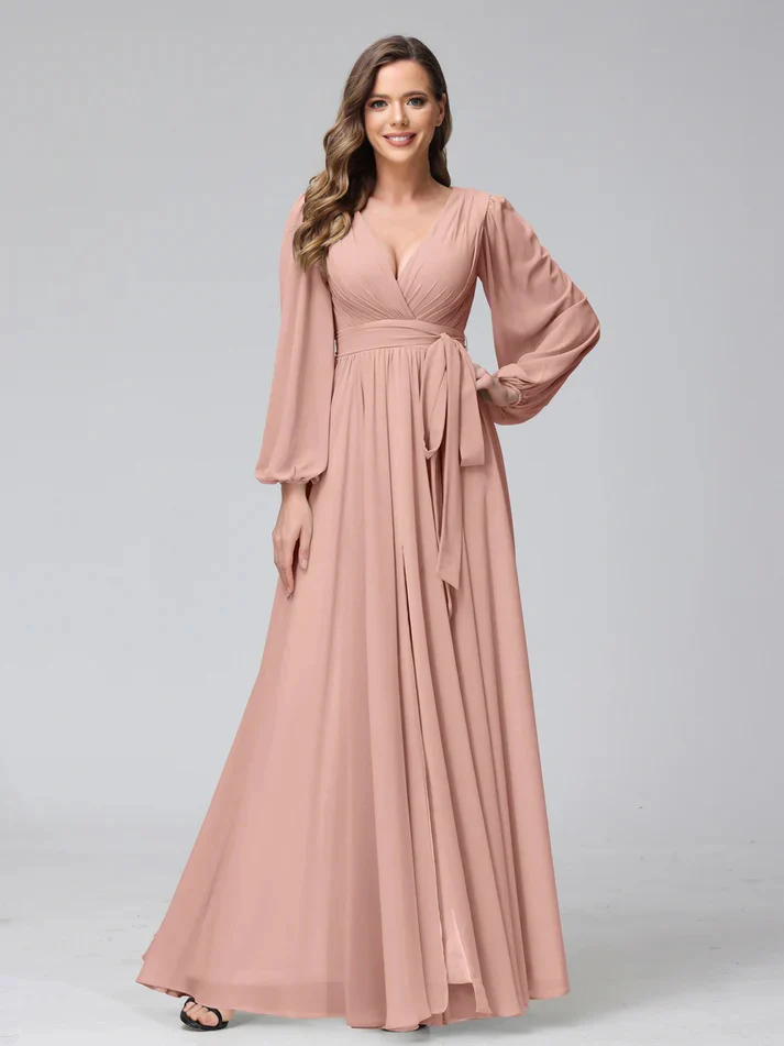 A-Line V-Neck Long Sleeves Chiffon Long Bridesmaid Dresses With Ruffles Split Side - Image 5
