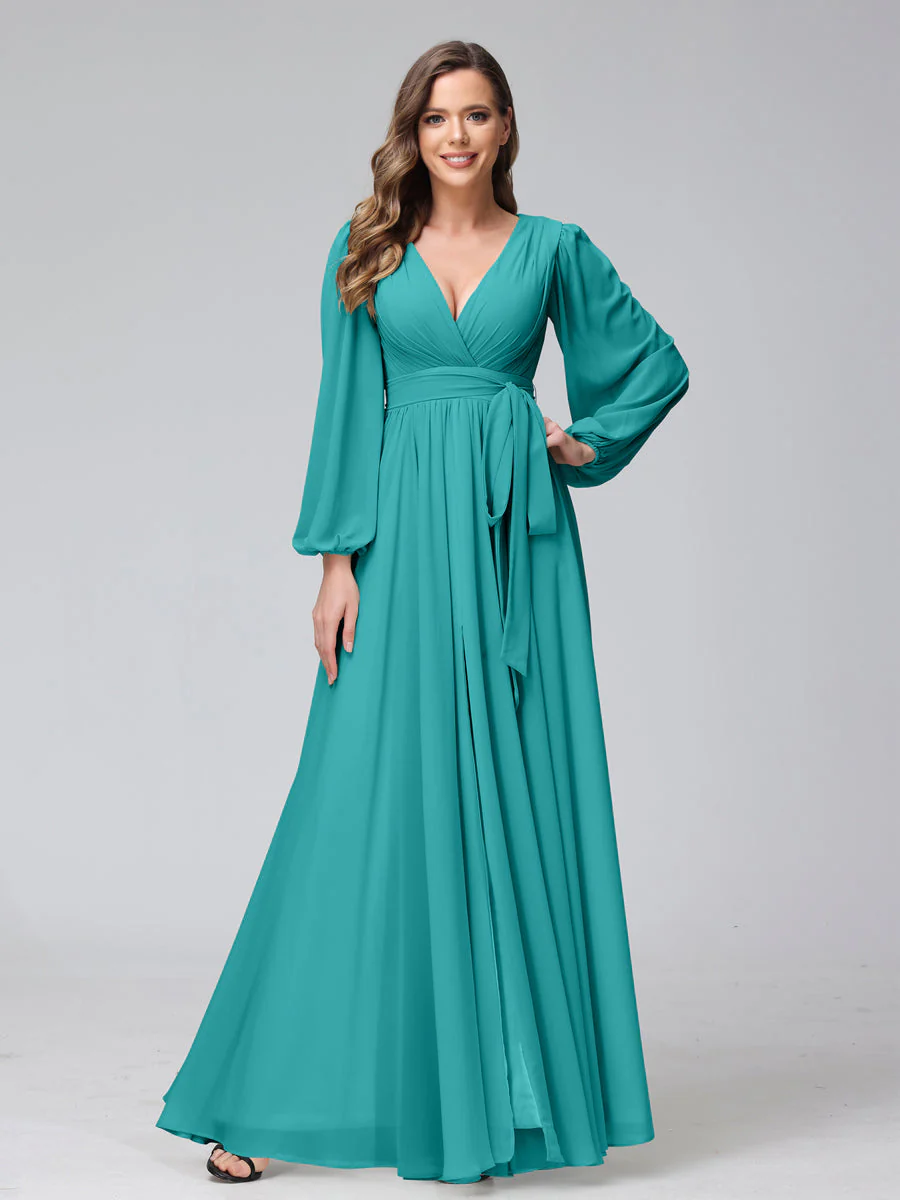 A-Line V-Neck Long Sleeves Chiffon Long Bridesmaid Dresses With Ruffles Split Side - Image 50