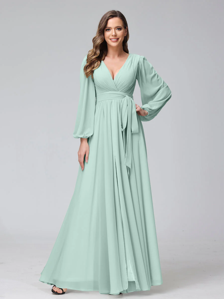 A-Line V-Neck Long Sleeves Chiffon Long Bridesmaid Dresses With Ruffles Split Side - Image 58