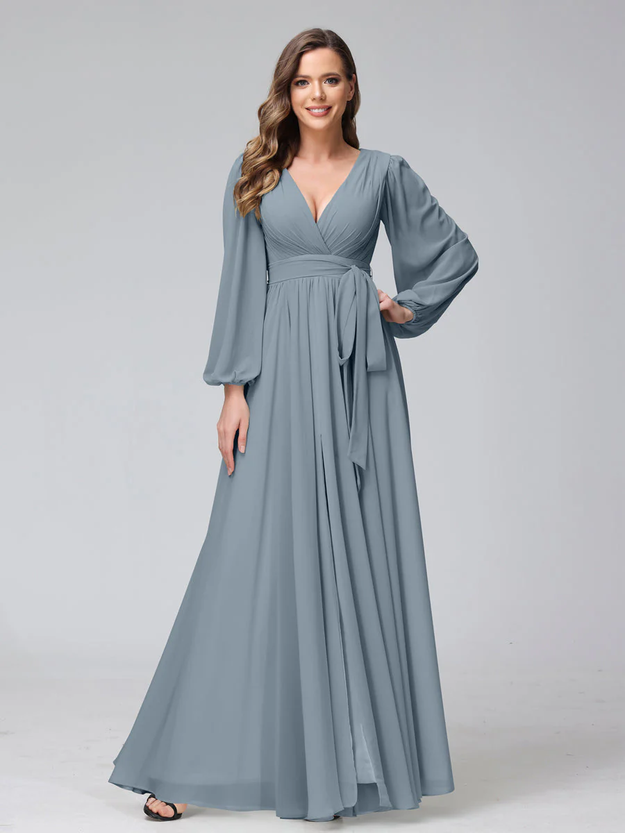 A-Line V-Neck Long Sleeves Chiffon Long Bridesmaid Dresses With Ruffles Split Side - Image 6