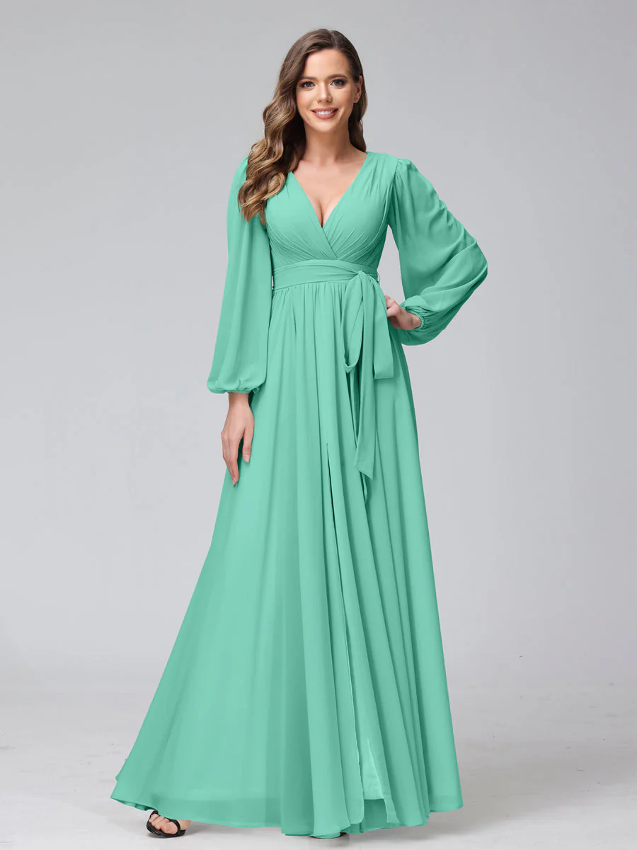 A-Line V-Neck Long Sleeves Chiffon Long Bridesmaid Dresses With Ruffles Split Side - Image 60