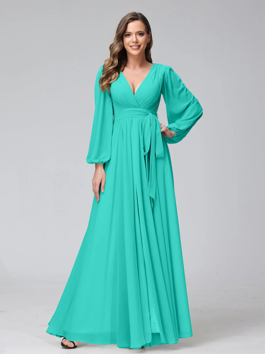A-Line V-Neck Long Sleeves Chiffon Long Bridesmaid Dresses With Ruffles Split Side - Image 61