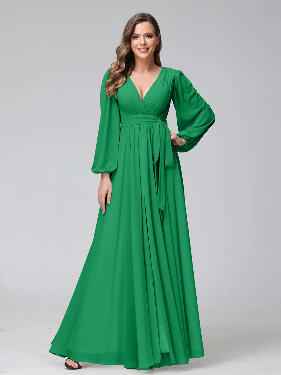 A-Line V-Neck Long Sleeves Chiffon Long Bridesmaid Dresses With Ruffles Split Side - Image 62