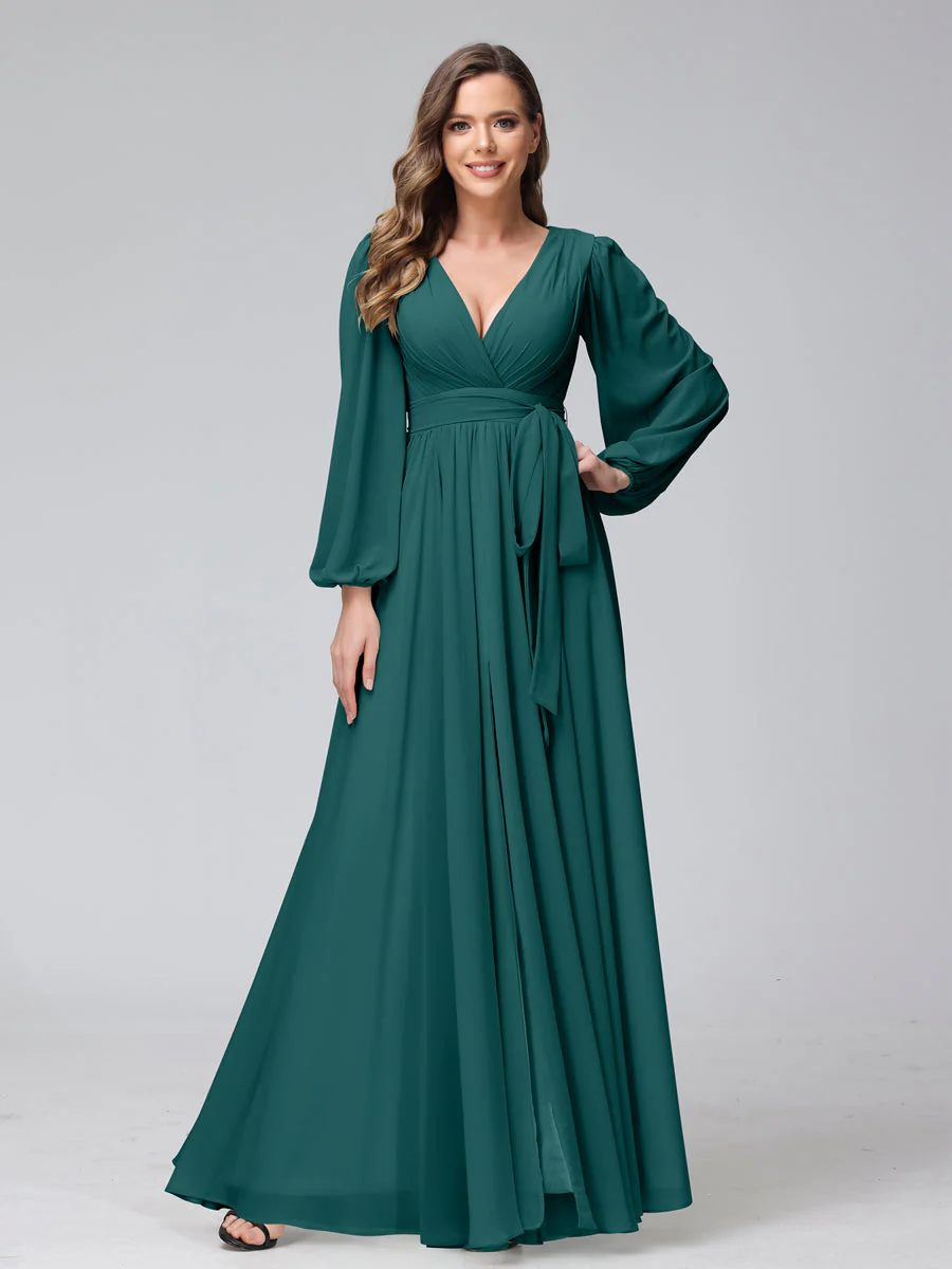 A-Line V-Neck Long Sleeves Chiffon Long Bridesmaid Dresses With Ruffles Split Side - Image 64