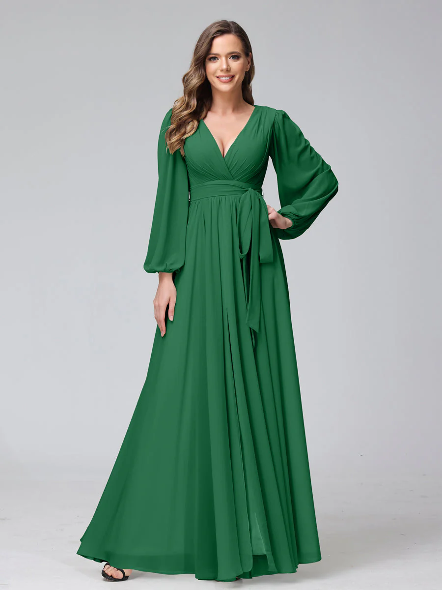 A-Line V-Neck Long Sleeves Chiffon Long Bridesmaid Dresses With Ruffles Split Side - Image 65