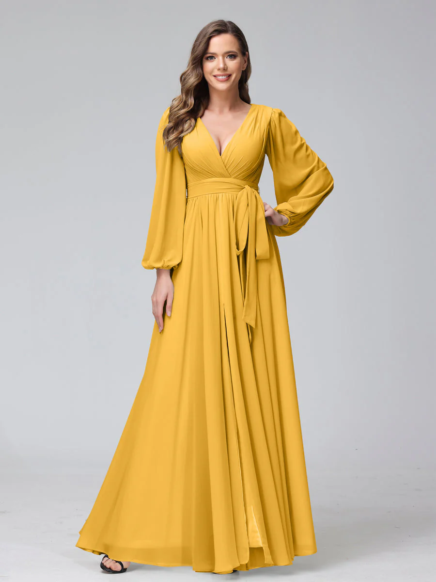 A-Line V-Neck Long Sleeves Chiffon Long Bridesmaid Dresses With Ruffles Split Side - Image 68
