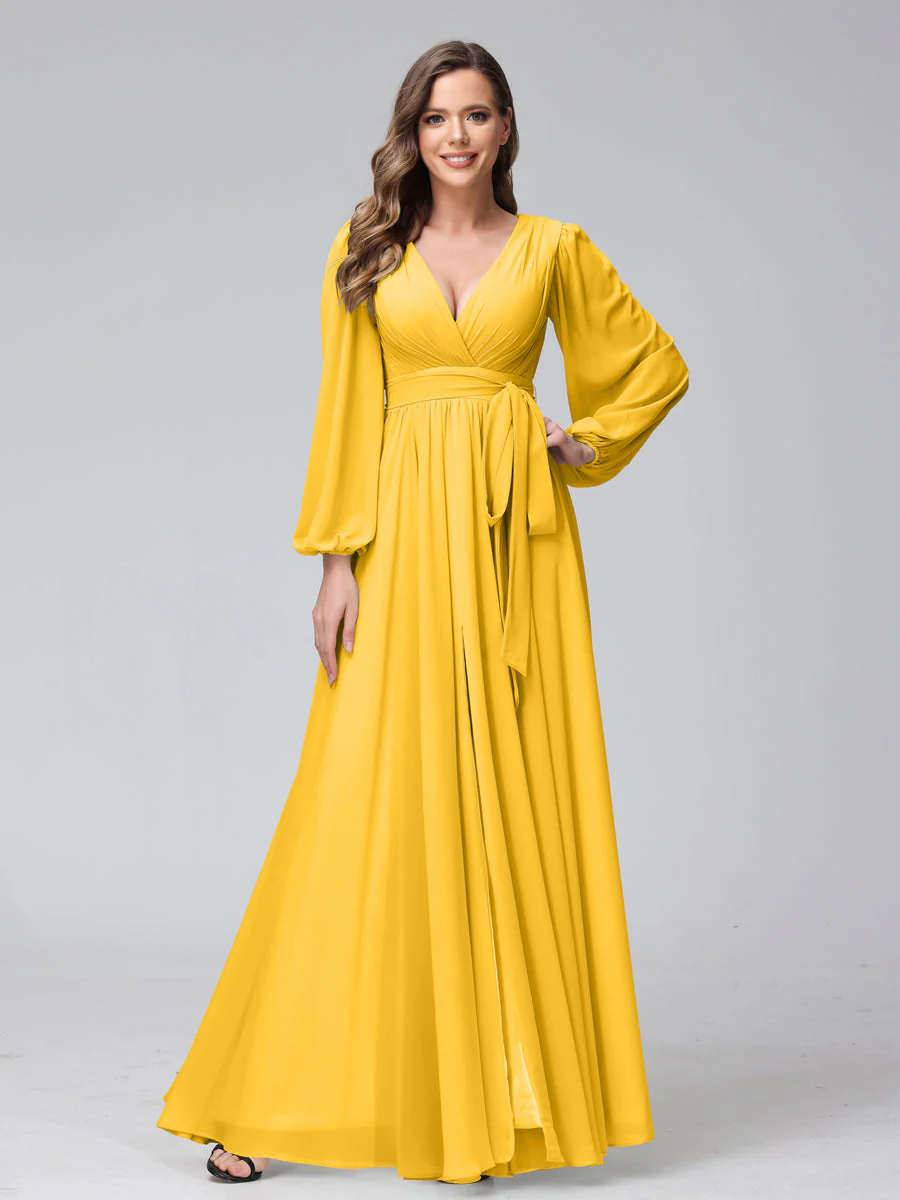 A-Line V-Neck Long Sleeves Chiffon Long Bridesmaid Dresses With Ruffles Split Side - Image 69