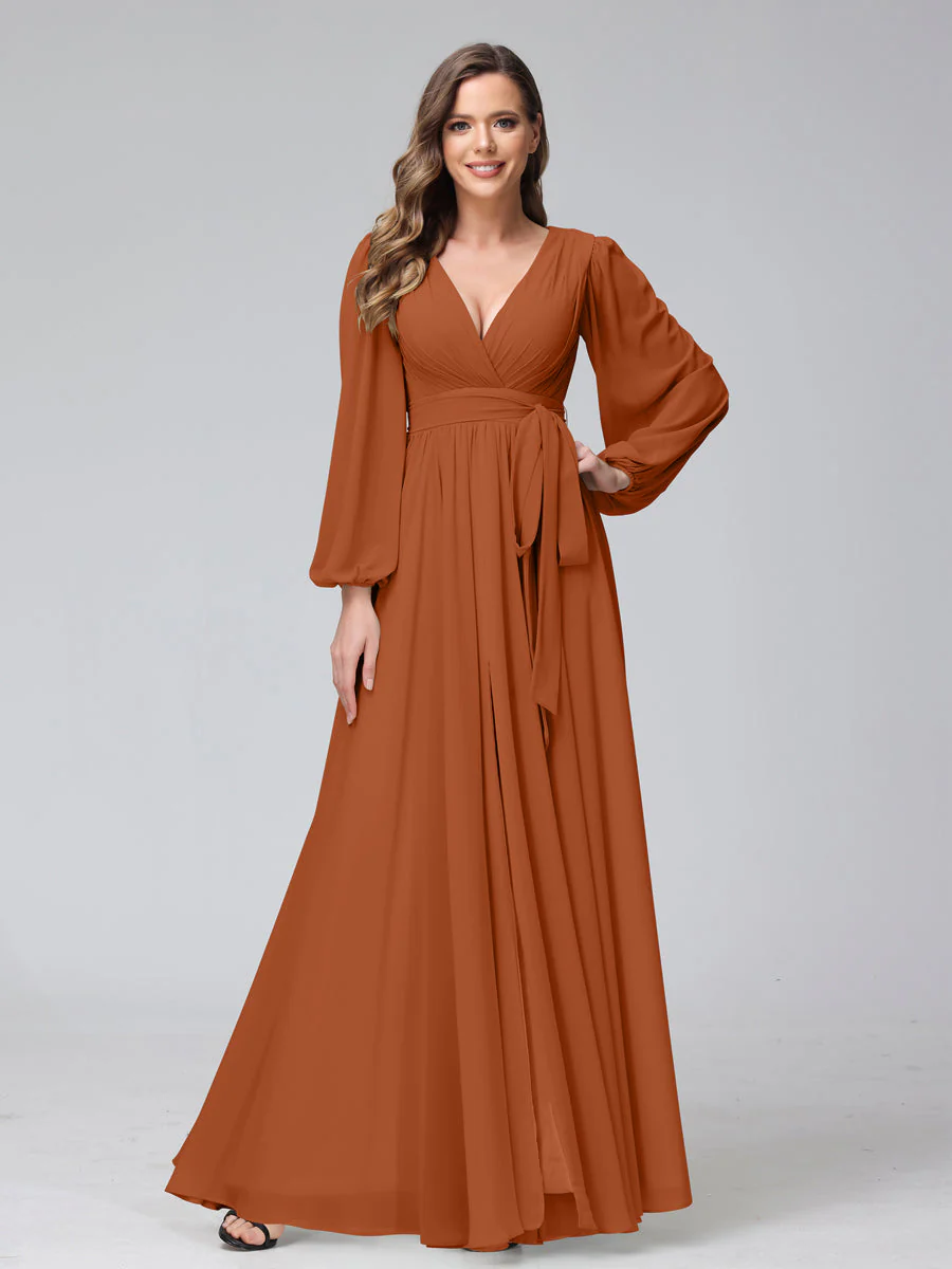 A-Line V-Neck Long Sleeves Chiffon Long Bridesmaid Dresses With Ruffles Split Side - Image 7