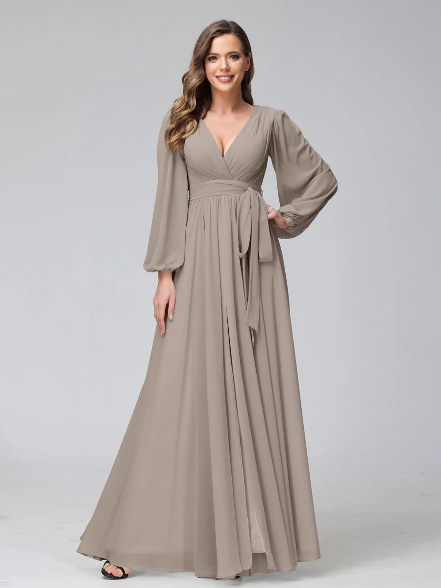 A-Line V-Neck Long Sleeves Chiffon Long Bridesmaid Dresses With Ruffles Split Side - Image 71