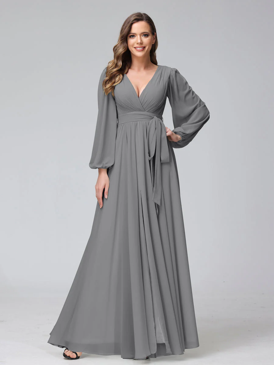 A-Line V-Neck Long Sleeves Chiffon Long Bridesmaid Dresses With Ruffles Split Side - Image 73