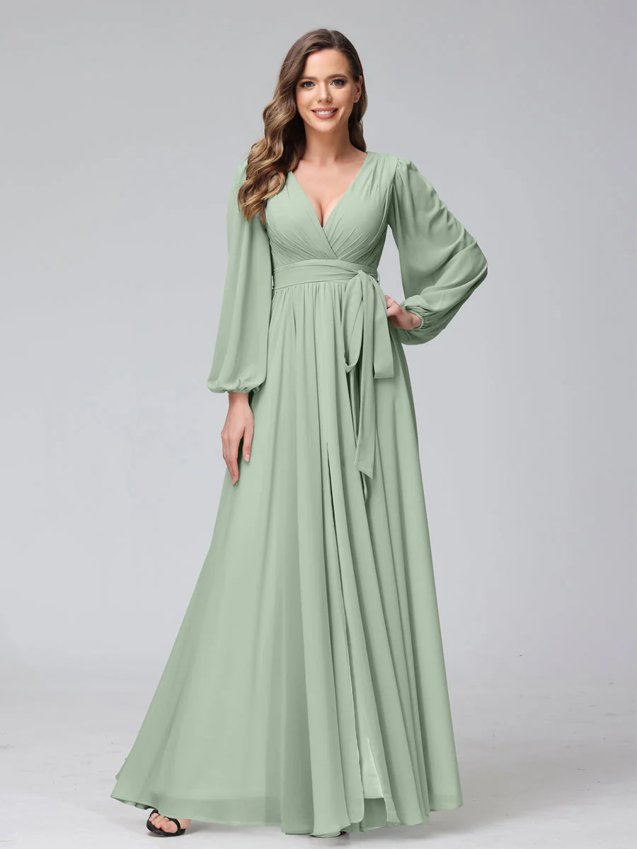 A-Line V-Neck Long Sleeves Chiffon Long Bridesmaid Dresses With Ruffles Split Side - Image 8