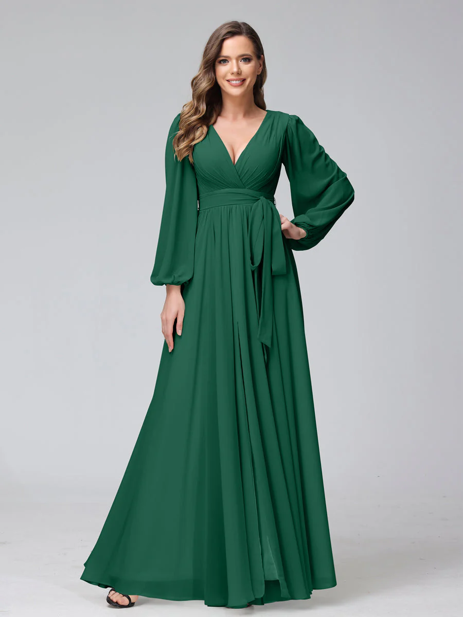 A-Line V-Neck Long Sleeves Chiffon Long Bridesmaid Dresses With Ruffles Split Side - Image 9