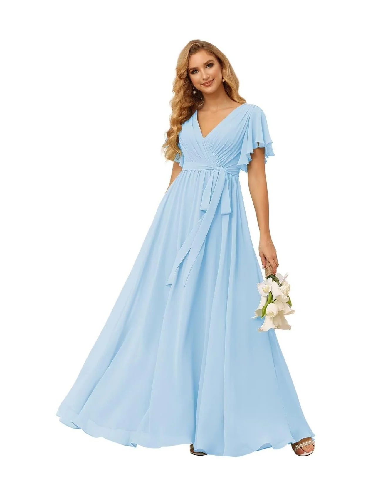 A-Line  V Neck Short Sleeve   Floor Length Bridesmaid Dresses  Chiffon  with Ruffles Bow(s) - Image 30