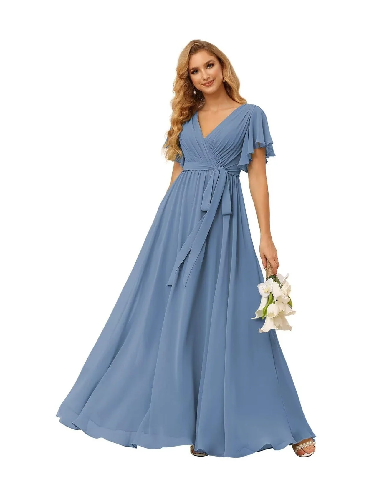A-Line  V Neck Short Sleeve   Floor Length Bridesmaid Dresses  Chiffon  with Ruffles Bow(s) - Image 38