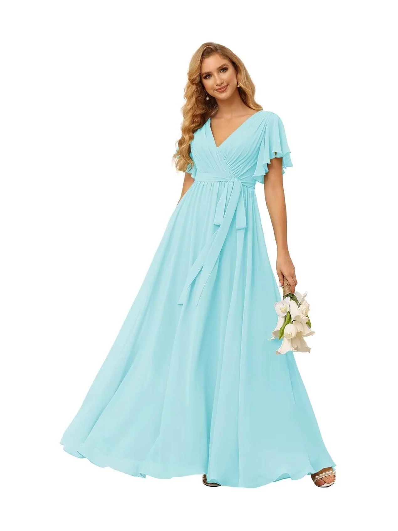 A-Line  V Neck Short Sleeve   Floor Length Bridesmaid Dresses  Chiffon  with Ruffles Bow(s) - Image 7