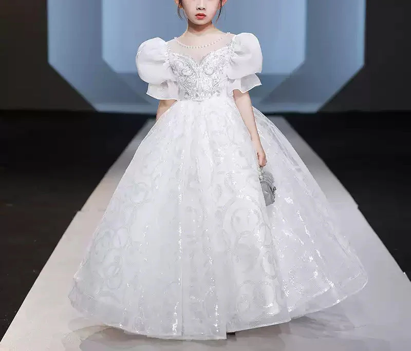 Ball Gown Beaded Round Neck Short Sleeves Flower Girl Dress with Crystal Appliques - Image 4