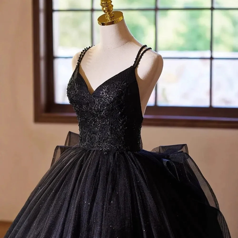 Ball Gown Double Spaghetti Straps Floor-Length Black Wedding Dresses with Criss-cross Lace-up - Image 4