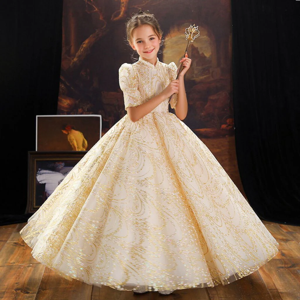 Ball Gown Half Sleeves High Neck Embroidery Flower Girl Dress for party with Crystal - Image 2