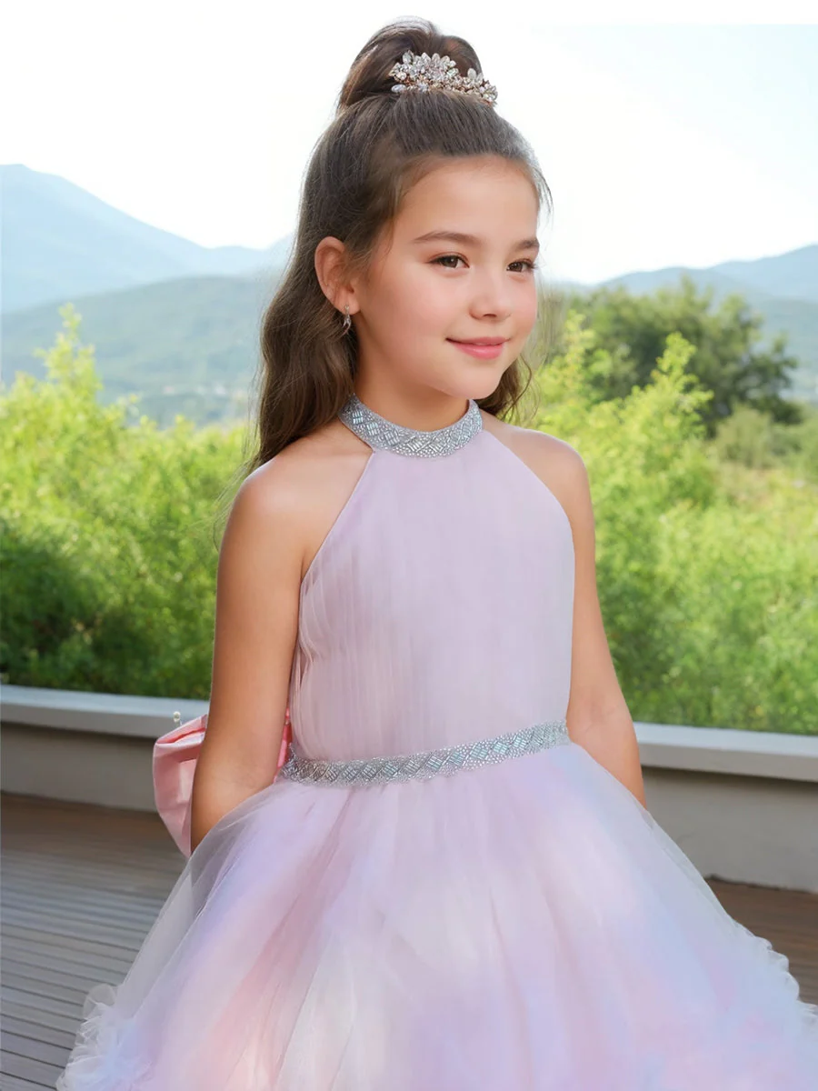 Ball Gown Halter Sleeveless Luxurious Pink Flower Girl Dress with Rhinestone & Watteau Train - Image 2