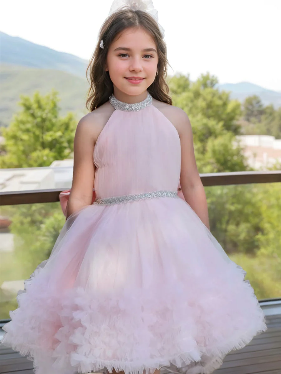 Ball Gown Halter Sleeveless Luxurious Pink Flower Girl Dress with Rhinestone & Watteau Train - Image 3