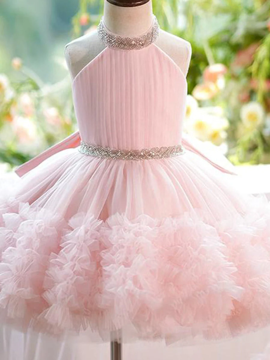 Ball Gown Halter Sleeveless Luxurious Pink Flower Girl Dress with Rhinestone & Watteau Train - Image 4