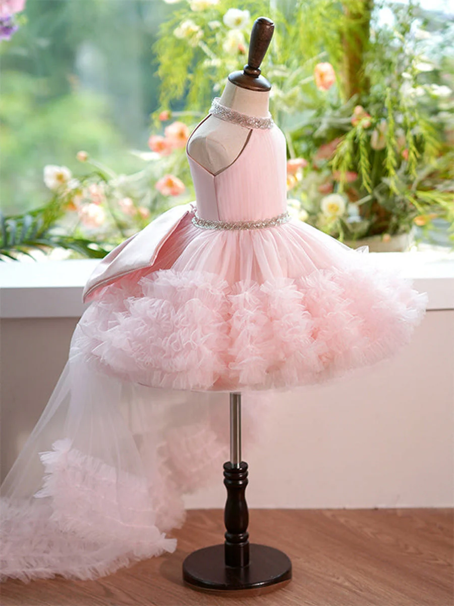 Ball Gown Halter Sleeveless Luxurious Pink Flower Girl Dress with Rhinestone & Watteau Train - Image 5