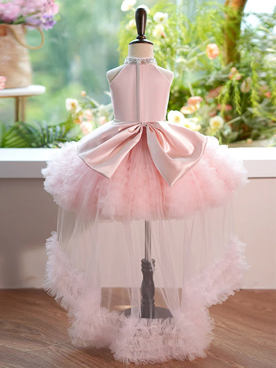 Ball Gown Halter Sleeveless Luxurious Pink Flower Girl Dress with Rhinestone & Watteau Train - Image 6