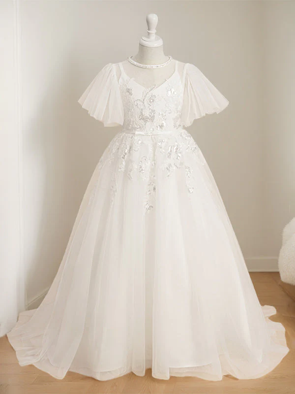 Ball-Gown Jewel Neck Short Sleeves Floor-Length Flower Girl Dress with Lace - Image 3