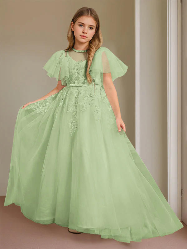 Ball-Gown Jewel Neck Short Sleeves Floor-Length Flower Girl Dress with Lace - Image 8