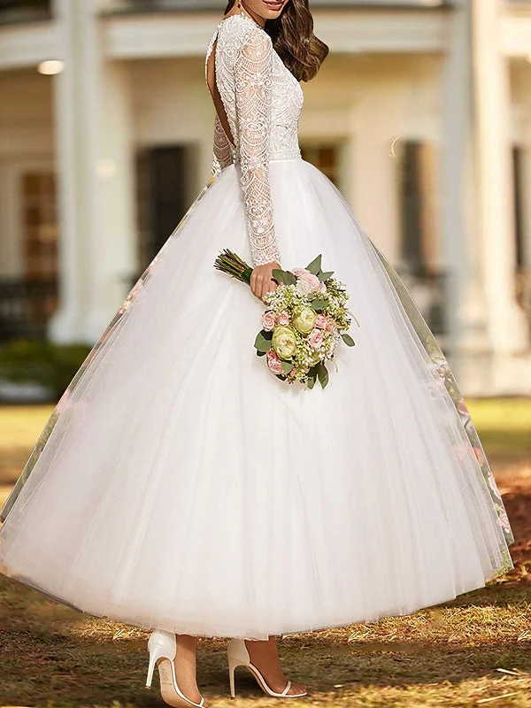 Ball Gown Lace Satin Tulle Scoop Long Sleeve Ankle Length Appliques Solid Colour Wedding Dress - Image 2