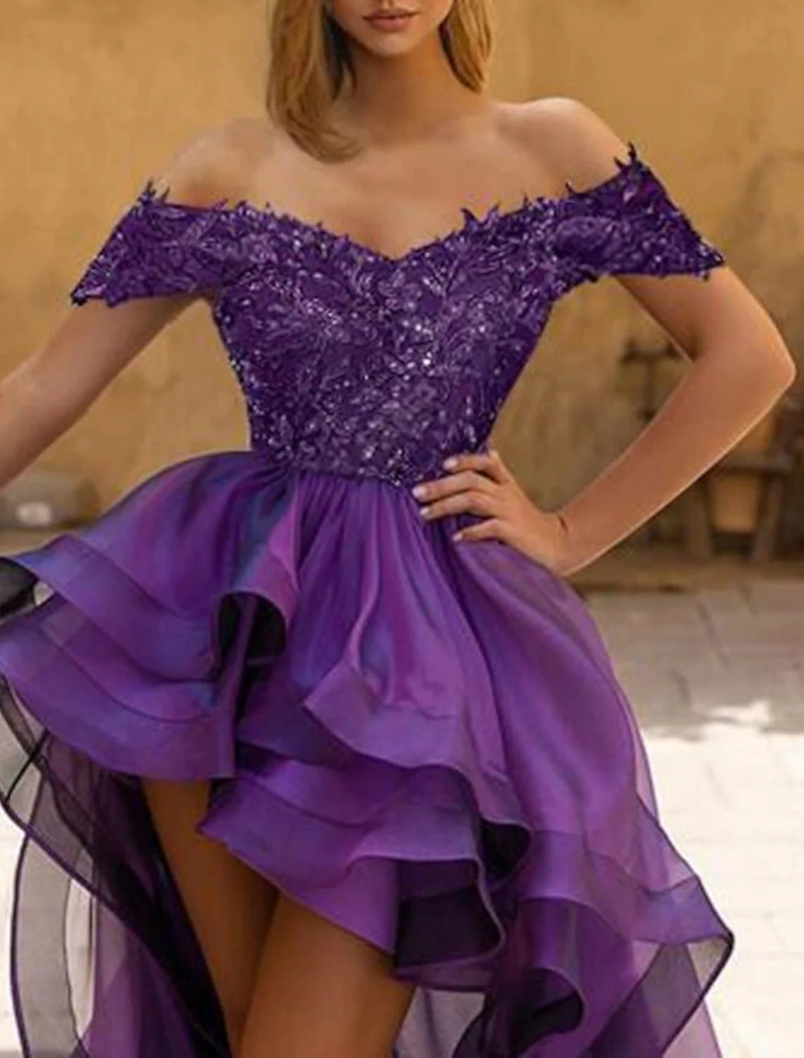 Ball Gown Off-the-Shoulder Asymmetrical Long Prom Dresses With Sequins - Image 2