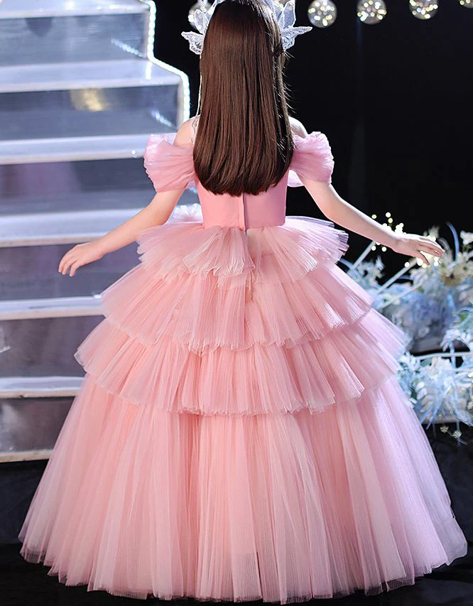 Ball Gown Off-the-shoulder Floor-Length Layers Pleats Flower Girl Dress with Flower - Image 2
