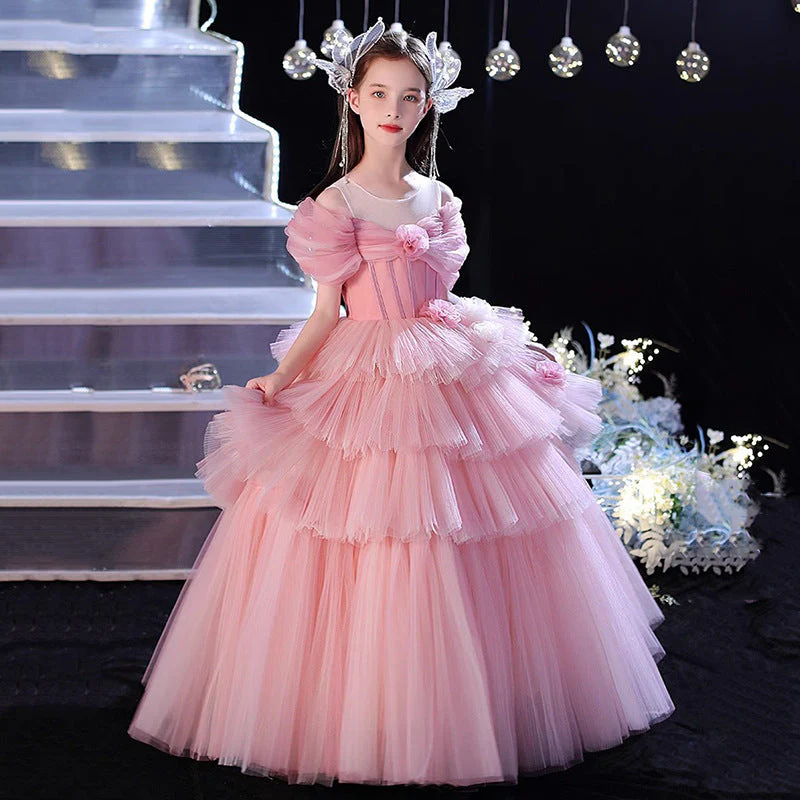 Ball Gown Off-the-shoulder Floor-Length Layers Pleats Flower Girl Dress with Flower - Image 3