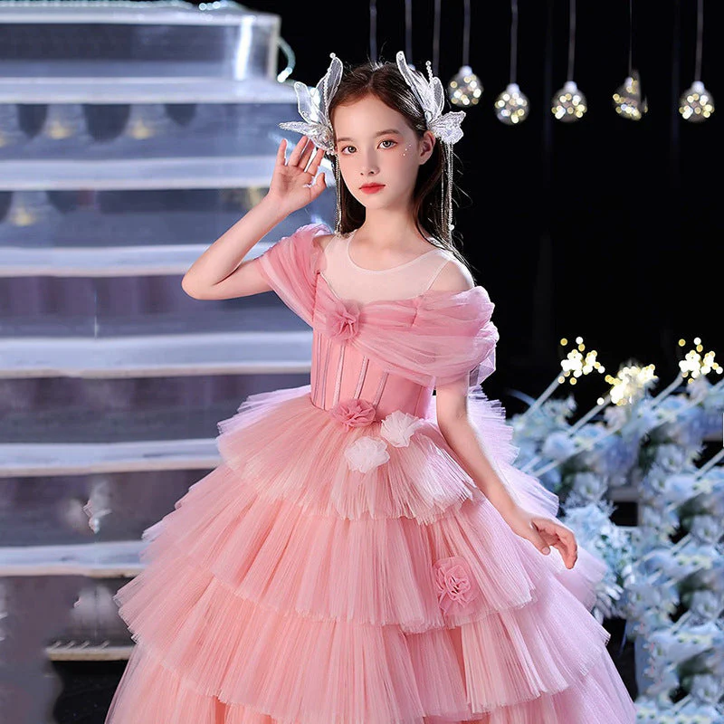 Ball Gown Off-the-shoulder Floor-Length Layers Pleats Flower Girl Dress with Flower - Image 4